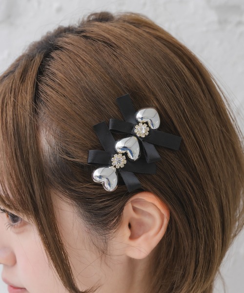 クチュールバイロジータ ヘアクリップ シルバーハートレースアップ風
