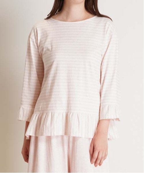 tシャツ キッドブルー -２５コンビボーダー天竺 -8分袖トップス -KRBN536 -kidblue レディース