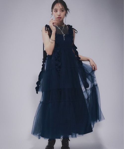 HARE ハレ ロングフリルギャザーリボンワンピース ブルー フリー レディース HARE ワンピース ロングフリルギャザーリボンワンピース(HARE