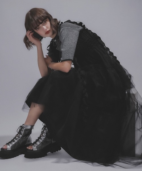 ロング ワンピース モノトーン リボン フォーマル ギャザー ボウタイ ブラック ハイネックギャザーワンピース【リボンタイ付き】 (TOP2F2202