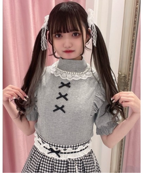【美品】3つリボンテレコTOPS ブルー Ank Rouge トップス Tシャツ 3つリボンテレコTOPS - Ank Rouge(アンクルージュ)のTシャツ