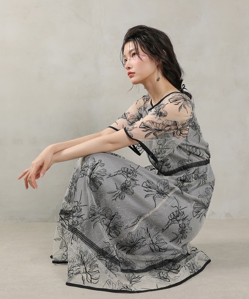ネットフリーマーケット★COUTURE CLASS花柄ジャガード フィット&フレアー ワンピース パーティードレス サイズ10号 花柄刺繍 ワンピース ドレス パフスリーブ フレア パーティー