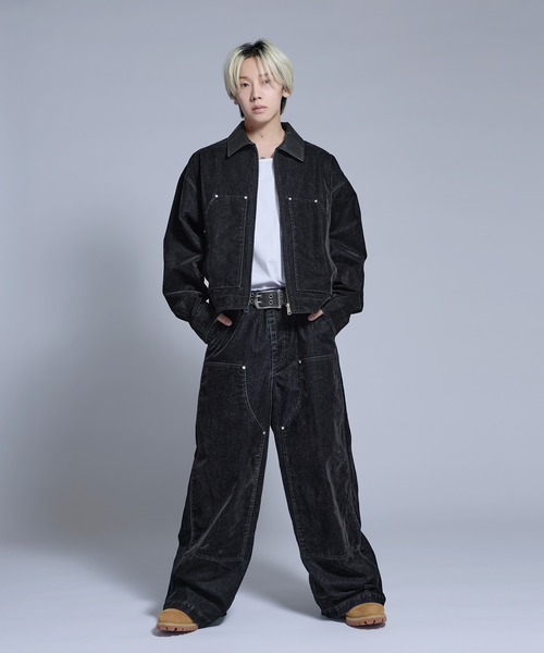 COMME des GARCONS ダブルニー ペインター ワイドブラックデニム ワイドパンツ ジーンズ 「SET-UP着用可能」ベルベットライクペインター