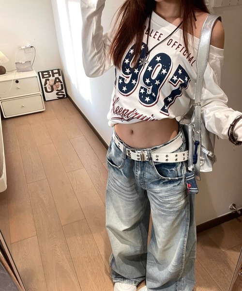 Sibra（シブラ） tシャツ 「2色展開」オフショル×星柄ロゴプリントロン