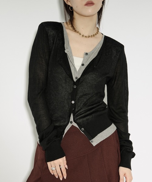 Ezick カーディガン bi-color sheer cardigan レイヤードシアーニット