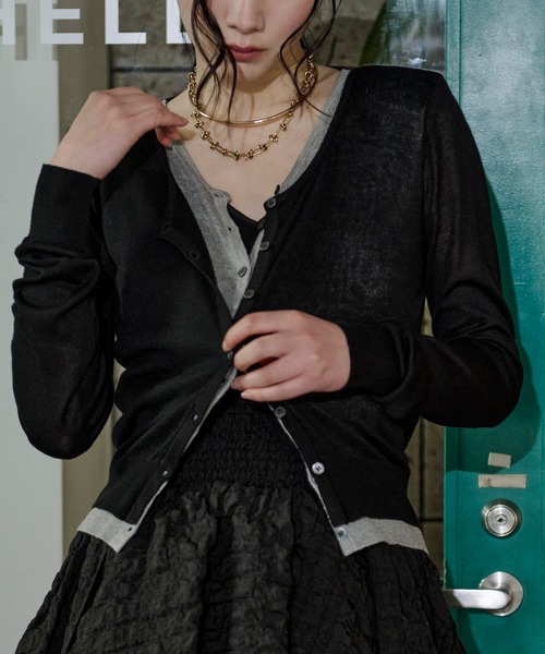 Ezick カーディガン bi-color sheer cardigan レイヤードシアーニット