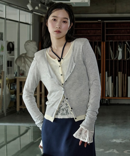 Ezick カーディガン bi-color sheer cardigan レイヤードシアーニット