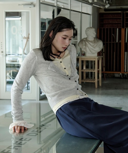 Ezick カーディガン bi-color sheer cardigan レイヤードシアーニット