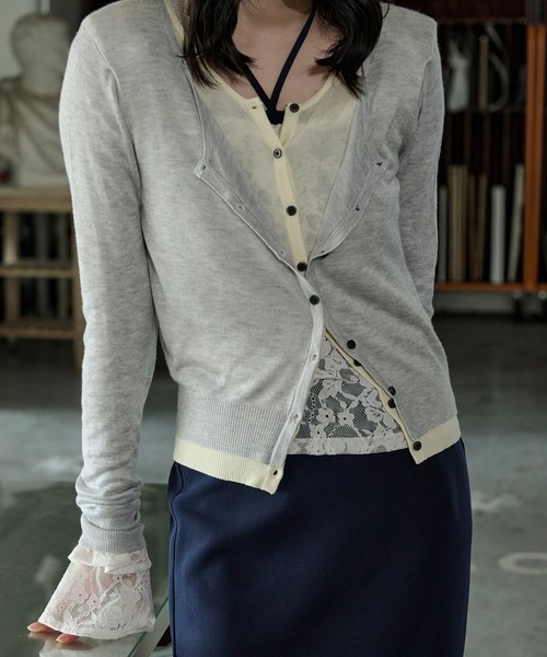 Ezick カーディガン bi-color sheer cardigan レイヤードシアーニット