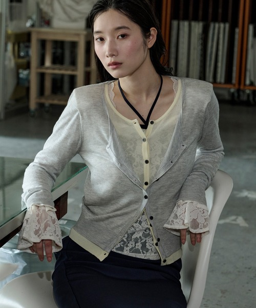 Ezick カーディガン bi-color sheer cardigan レイヤードシアーニット