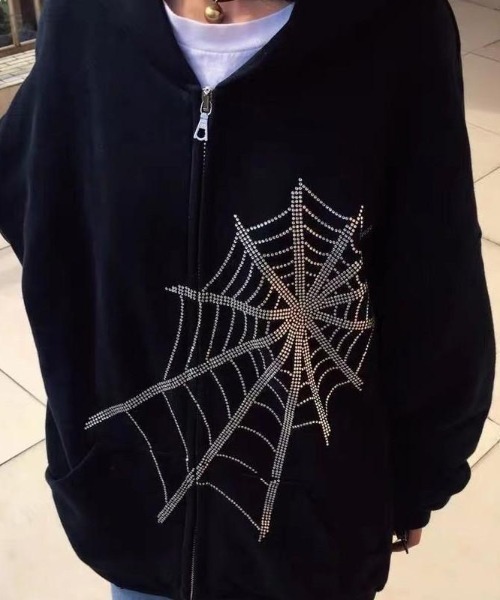 Spider 蜘蛛の巣デザイン パーカー Mサイズ ViViDAY パーカー 蜘蛛の巣柄ストーンスウェットパーカー レディース