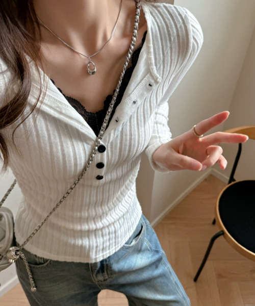 tシャツ レースドッキング リブニットトップス 長袖 レディース