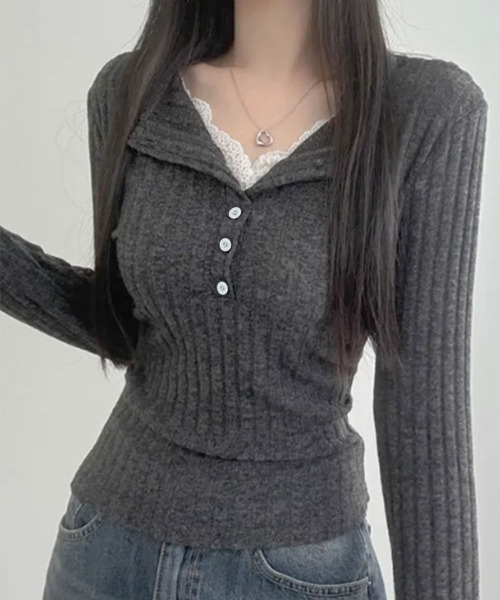 tシャツ レースドッキング リブニットトップス 長袖 レディース
