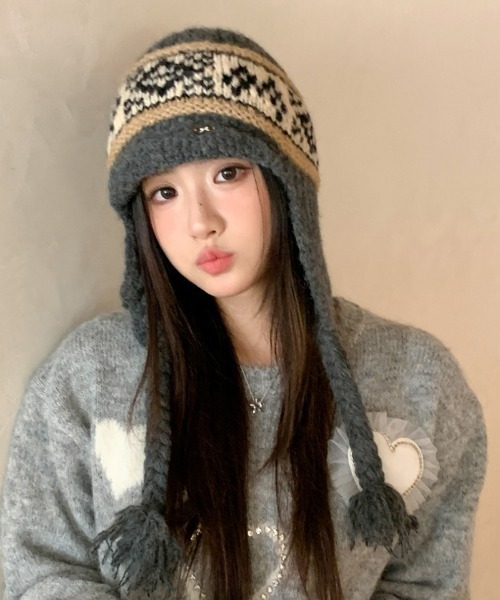 ニット帽 ニットキャップ オルテガ柄紐付き レディース : ZOZOTOWN