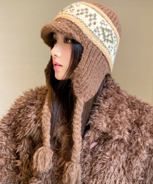 ニット帽 ニットキャップ オルテガ柄紐付き レディース : ZOZOTOWN