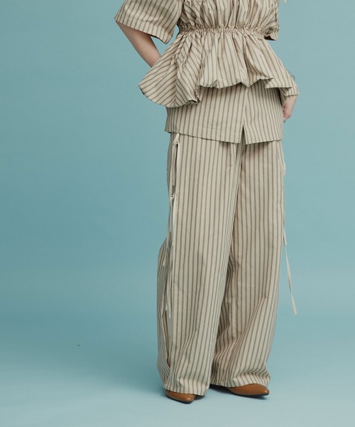 ワイドパンツ パンツ 「W:Huku / ブロードストライプ」サイド リボン パンツ / Broad Stripe Side Ribbon Pantsの画像