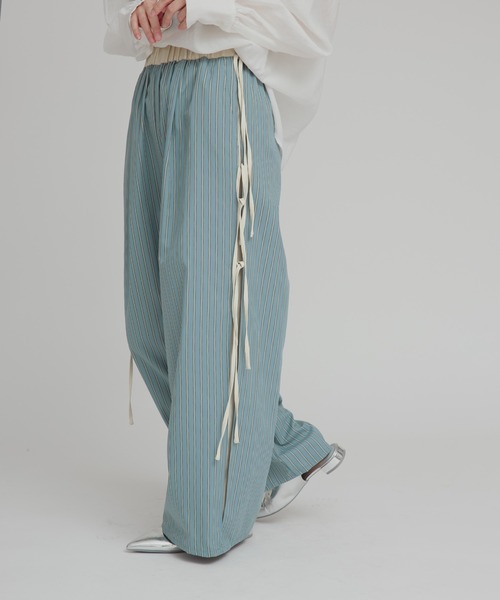 ワイドパンツ パンツ 「W:Huku / ブロードストライプ」サイド リボン パンツ / Broad Stripe Side Ribbon Pantsの画像