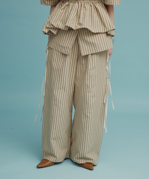 ワイドパンツ パンツ 「W:Huku / ブロードストライプ」サイド リボン パンツ / Broad Stripe Side Ribbon Pantsの画像