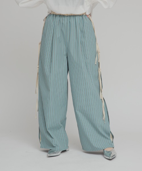ワイドパンツ パンツ 「W:Huku / ブロードストライプ」サイド リボン パンツ / Broad Stripe Side Ribbon Pantsの画像