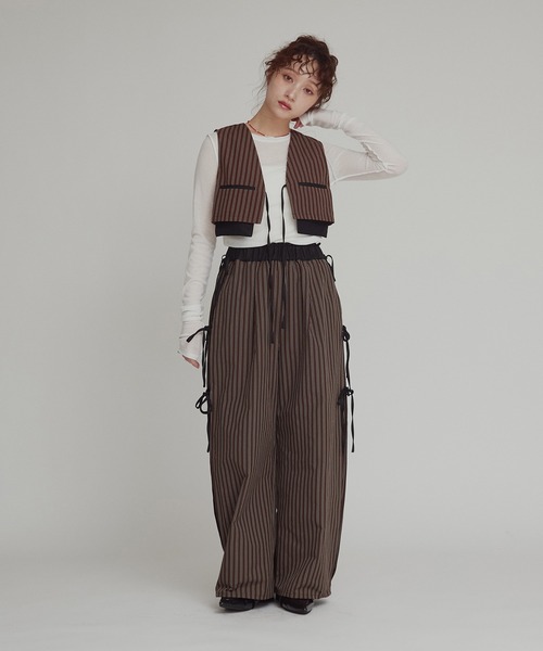ワイドパンツ パンツ 「W:Huku / ブロードストライプ」サイド リボン パンツ / Broad Stripe Side Ribbon Pantsの画像