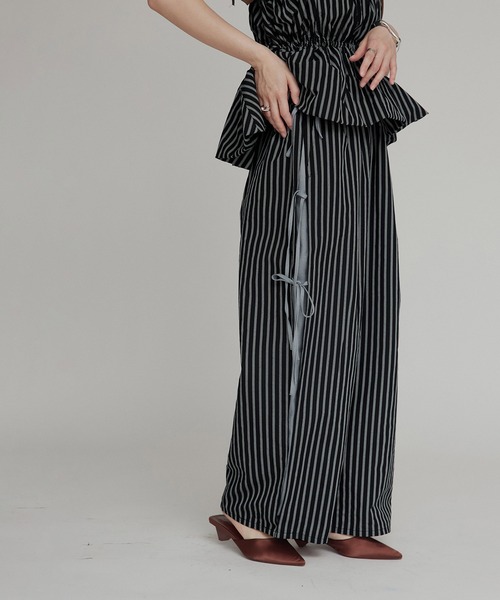 ワイドパンツ パンツ 「W:Huku / ブロードストライプ」サイド リボン パンツ / Broad Stripe Side Ribbon Pantsの画像