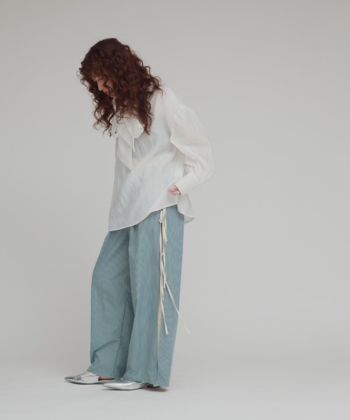 ワイドパンツ パンツ 「W:Huku / ブロードストライプ」サイド リボン パンツ / Broad Stripe Side Ribbon Pantsの画像