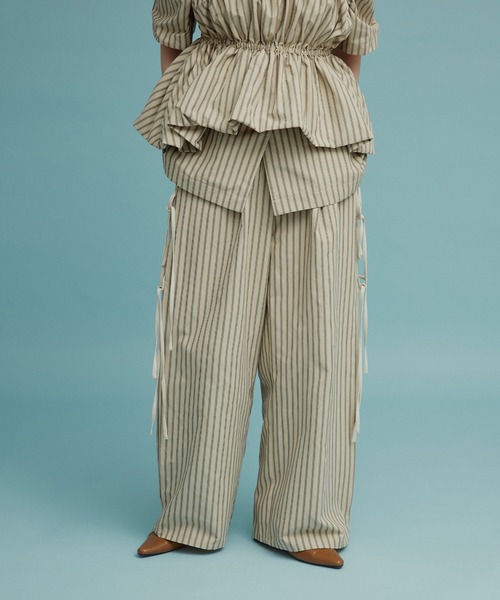 ワイドパンツ パンツ 「W:Huku / ブロードストライプ」サイド リボン パンツ / Broad Stripe Side Ribbon Pantsの画像