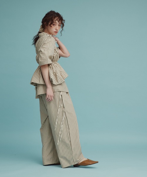 ワイドパンツ パンツ 「W:Huku / ブロードストライプ」サイド リボン パンツ / Broad Stripe Side Ribbon Pantsの画像