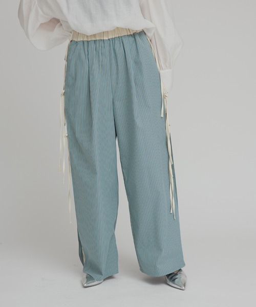 ワイドパンツ パンツ 「W:Huku / ブロードストライプ」サイド リボン パンツ / Broad Stripe Side Ribbon Pantsの画像