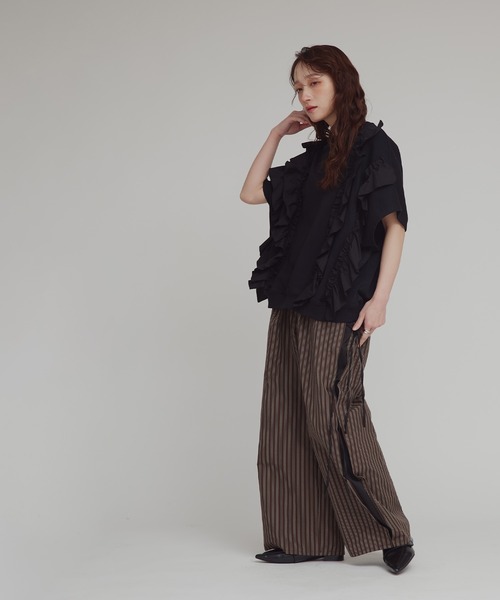 ワイドパンツ パンツ 「W:Huku / ブロードストライプ」サイド リボン パンツ / Broad Stripe Side Ribbon Pantsの画像