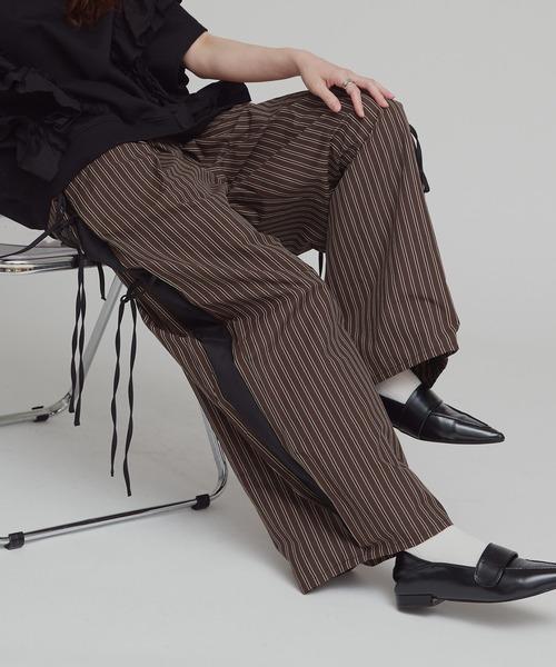 ワイドパンツ パンツ 「W:Huku / ブロードストライプ」サイド リボン パンツ / Broad Stripe Side Ribbon Pantsの画像