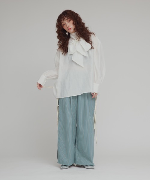 ワイドパンツ パンツ 「W:Huku / ブロードストライプ」サイド リボン パンツ / Broad Stripe Side Ribbon Pantsの画像