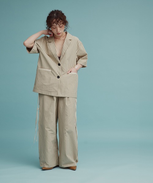 ワイドパンツ パンツ 「W:Huku / ブロードストライプ」サイド リボン パンツ / Broad Stripe Side Ribbon Pantsの画像