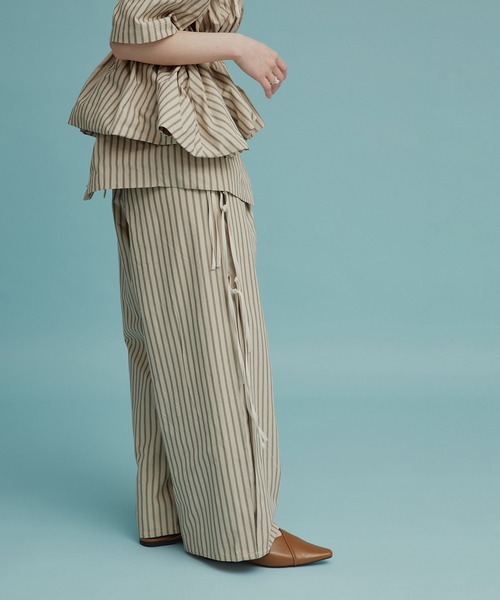 ワイドパンツ パンツ 「W:Huku / ブロードストライプ」サイド リボン パンツ / Broad Stripe Side Ribbon Pantsの画像