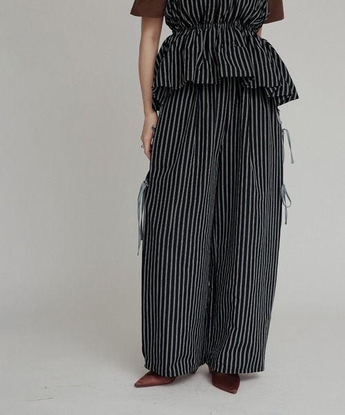 ワイドパンツ パンツ 「W:Huku / ブロードストライプ」サイド リボン パンツ / Broad Stripe Side Ribbon Pantsの画像