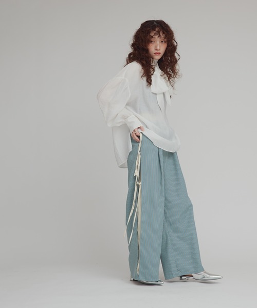 ワイドパンツ パンツ 「W:Huku / ブロードストライプ」サイド リボン パンツ / Broad Stripe Side Ribbon Pantsの画像