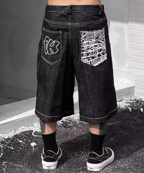 B.R.U ハーフパンツ ワイドパンツ ジーンズ バッグ刺繍デニムハーフ