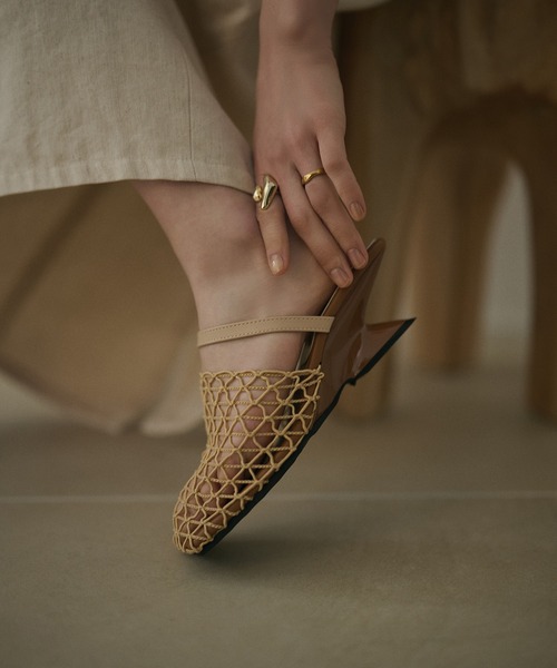 【極美品✨】HEREU スクエアトゥ イントレチャート ミュール 牛革24cm サンダル ミュール mesh square toe heel mule /メッシュスクエアトゥ