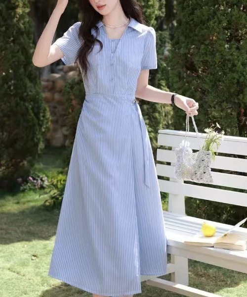 美品★現行品★110cm familiar 襟付きストライプ半袖ワンピース ワンピース 半袖 襟付き ストライプ柄 ウエスト切替 ロングワンピース