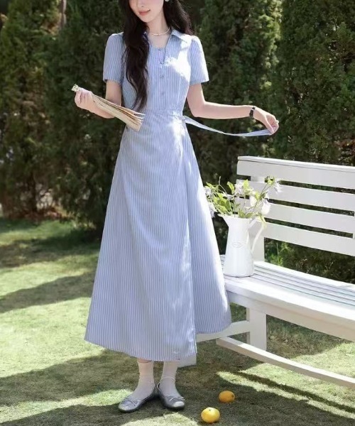 美品！！現行品！120cm familiar 襟付きストライプ半袖ワンピース ワンピース 半袖 襟付き ストライプ柄 ウエスト切替 ロングワンピース