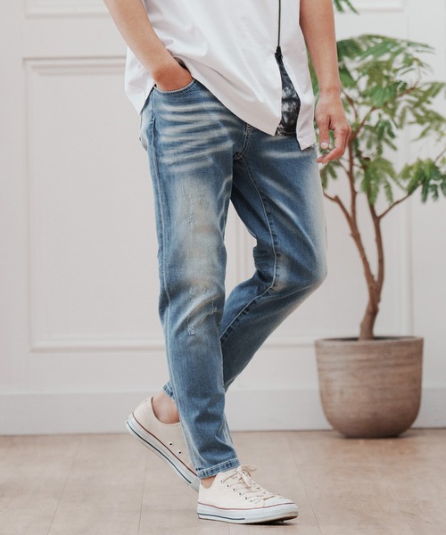 49 割引s メンズ Sサイズ相当 M メンズ Mサイズ相当 L メンズ Lサイズ相当 Ll メンズ Xlサイズ相当 ライトブルー インディゴ ブルー ブルー系その他人気激安 パンツ デニム ジーンズ Mp ケミカルアンクルイージーテーパードデニムパンツ ボトムス