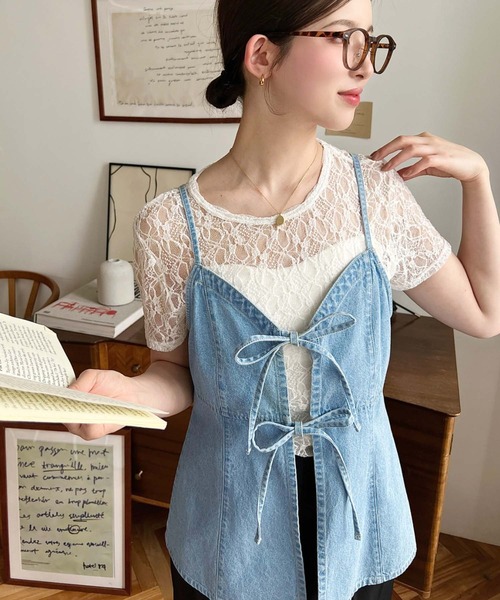 ハンドメイド　キャミソール　デニム　リボン Amazon | [ミリアンデニ] リボンオープンキャミソール デニム