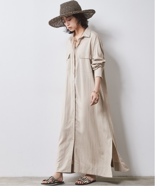 CHIC STYLE ワンピース 「大きいサイズ」レーヨン麻マキシシャツ