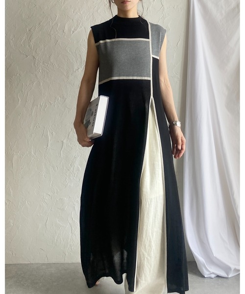 TO BE CHIC ワンピース　ノースリーブ ベージュ ニット　ワンピース40 She's Closet ワンピース リネンタッチ配色バイカラーアート柄