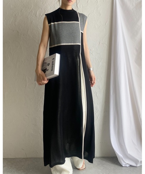 ERISABETTA FRANCHI ひざ丈ワンピース ノースリーブ バイカラー She's Closet ワンピース リネンタッチ配色バイカラーアート柄