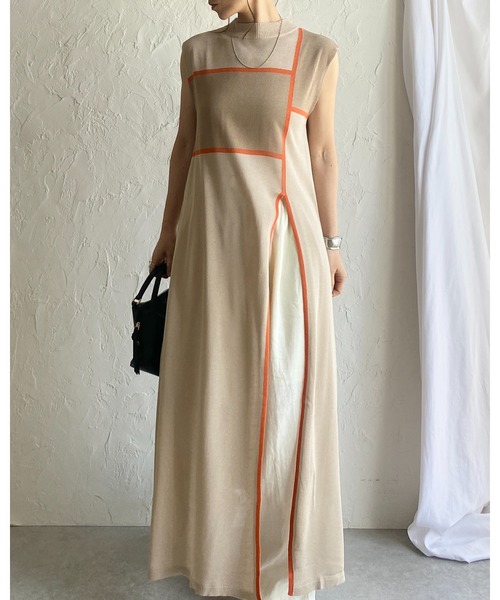 ERISABETTA FRANCHI ひざ丈ワンピース ノースリーブ バイカラー She's Closet ワンピース リネンタッチ配色バイカラーアート柄