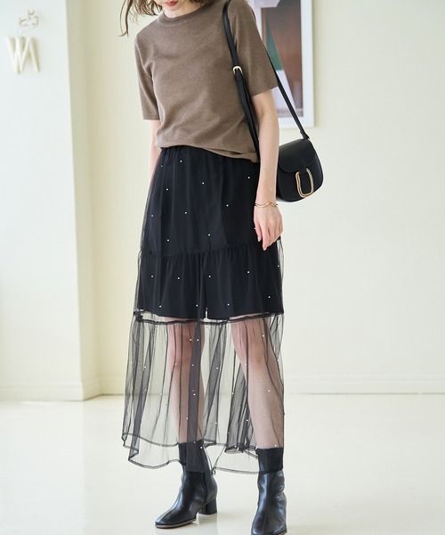 ROPE' PICNIC スカート パール付きチュールティアードスカート