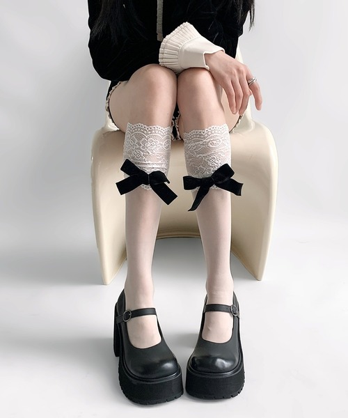 クロスアーチレースリボンオーバーニー黒×白 ハイソックス 靴下 「11色展開」リボン レース アソート レディース