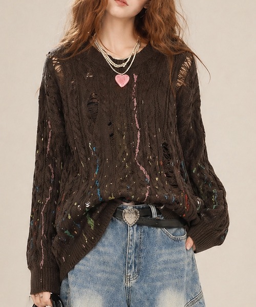 ニット セーター 「HOOK」for girls ペイントプリントケーブル編み 