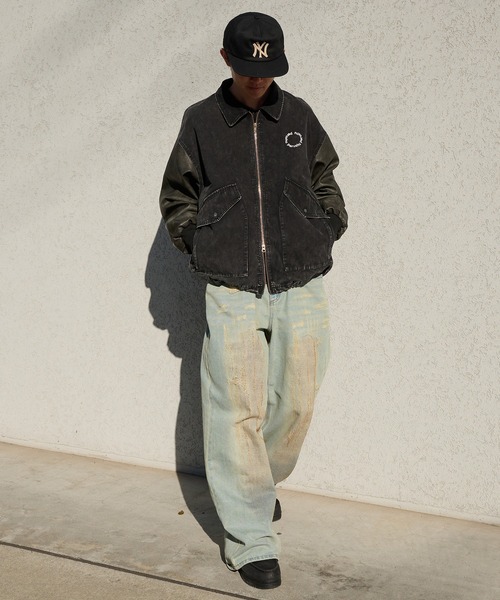 Perushu ブルゾン アウター Docking Synthetic Leather Double Pocket